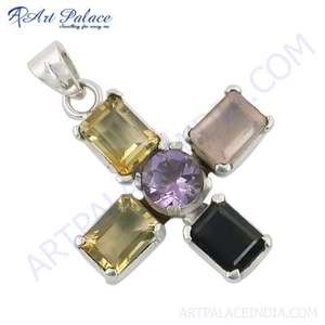 Pendentif attrayant en argent avec pierres précieuses multiples - Product Image 1