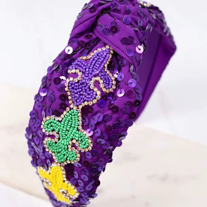 Embellishment Purple Sequin Mardi Gras <b>Headband</b> Fleur-de-Lis <b>Beaded</b> Knotted Hairband with Crystal & Sequin Comfortable <b>Headbands</b> - Product Image 1