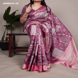 Ocassional wear Excellent Quality Tassar Silk With Viscose Border & Printed <b>Saree</b>-<b>Blouse</b> Collection Supplier from India - Product Image 1