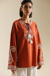 Kurta en coton brodé rouge pour femmes, vêtements traditionnels indiens et pakistanais décontractés à coupe ample - Product Image 1