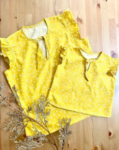 Pure Elegant Yellow Mum & Me Matching Top Decor With Lace On Sleeves & Small Beautiful Flowers Crafted With Soft Cotton Fabric - Product Image 1