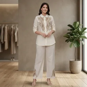 Women's <b>Linen</b> Embroidered 2-Piece <b>Set</b> Three Quarter Sleeve Loose Fit Casual Spring Summer Wear - Product Image 1