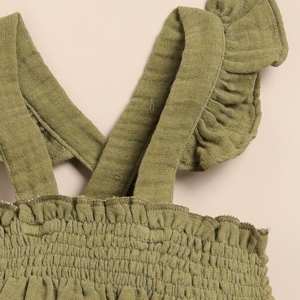 Premium Quality Organic Muslin Sleeveless Frill Top and Bloomer <b>Set</b> in Olive + Oatmeal Baby Clothing - Product Image 4