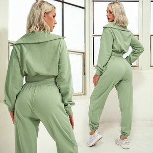 Top corto con cuello para mujer, top elegante con media cremallera, pantalones para correr, conjunto de dos piezas - Product Image 5