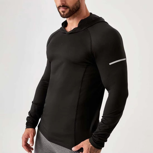 Men's Black Hooded Long Sleeve <b>Compression</b> Shirt Run Logo Quick Dry Knitted Pullover <b>Spring</b> Fitness Wear - Product Image 2