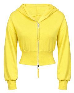 Womens Lemon Yellow <b>Cropped</b> <b>Zip</b> <b>Up</b> Hoodie Slim Fit Long Sleeve Casual Streetwear Cotton Fleece Sweatshirt Custom Logo Factory - Product Image 1