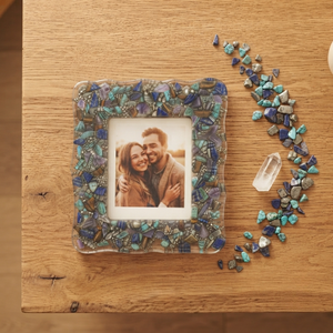 Cadre photo en acrylique fait main imprimé UV avec motif mosaïque turquoise bleu, affichage horizontal sur table, par REHMAN CRAFT - Product Image 4