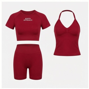North Approach 2 Piece Yoga Set Solid <b>Red</b> <b>Crop</b> <b>Top</b> High Waist Shorts Breathable Spandex Polyester Seamless Design - Product Image 1