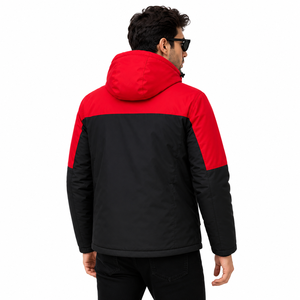 Custom Men's Winter <b>Waterproof</b> Hooded Puffer <b>Jacket</b> Windproof Insulated Outdoor Thermal Coat Two Tone Red Black Full Zip <b>Parka</b> - Product Image 4