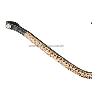Logotipo personalizado hecho a mano banda de cejas de caballo de cuero genuino decorado con 3 filas de cristales dorados y blancos cadena de diamantes - Product Image 3
