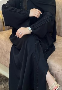 Elegant Black Beaded Abaya <b>Long</b> Sleeve Floor Length Modest <b>Dress</b> <b>For</b> Women Daily Wear All Seasons Middle East Style - Product Image 3