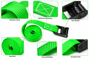 Sangle de fixation moto en polyester 25 mm (1 pouce) verte, 300 kg, sans crochet, certifiée CE, boucle à came, meilleur prix - Product Image 2