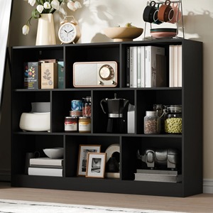 Wooden Storage <b>Shelf</b> Three-Layer Rectangle Standing Type For Living Room Minimalist Design With Wicker Baskets Lacquered Finish - Product Image 6