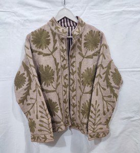 Brown Embroidered <b>Mandarin</b> <b>Collar</b> <b>Jacket</b> Full Sleeve Handmade Floral Wool Polyester Autumn Women's Coat - Product Image 1