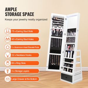 <b>Lockable</b> Full-Length Mirror Jewelry <b>Cabinet</b> with 360 Degrees Swivel Standing Storage Organizer - Product Image 5