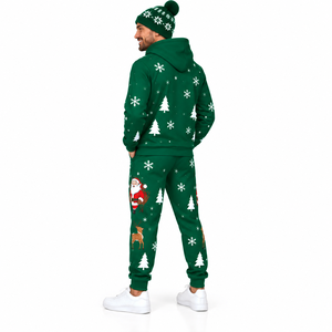Men Christmas Tracksuit Hoodie Jogger Set Green Santa Print Casual Winter Sweatpants Full Sleeve Breathable Regular Fit - Product Image 6