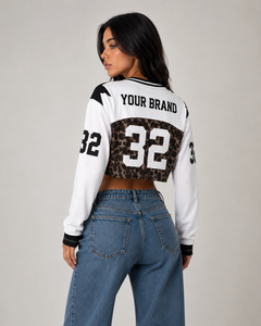 Maillot de football américain Y2K pour femme, coupe courte, imprimé léopard personnalisé par sublimation, manches longues, maille oversize, vente en gros - Product Image 4