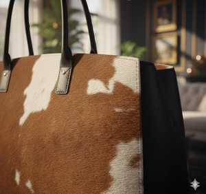 Sac fourre-tout vintage pour femme en cuir véritable de vachette à poils, couleur unie, fermeture éclair, broderie, LHTB-0098 - Product Image 6