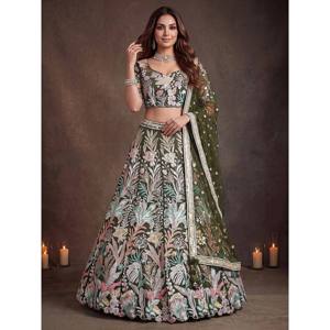 Adorning Green <b>Sequins</b> Net Reception Wear Lehenga Choli with Dupatta - Product Image 5