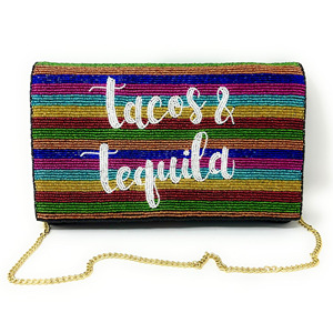 Tacos Tequila Striped Design Full Beaded Clutch <b>Bag</b> Funny Statement Casual Fiesta Theme Handmade Colorful Bead Durable Foldable - Product Image 1