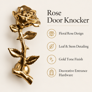 Timbre de puerta con diseño floral de rosas en tono dorado pulido, con pétalos esculpidos, hojas detalladas y diseño de tallo elegante para entrada clásica - Product Image 3