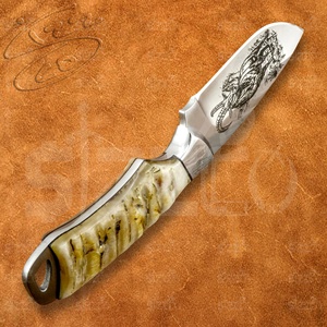 Cuchillo de caza y camping hecho a mano con hoja grabada de punta caída, mango de cuerno de carnero, acero D2, cuchillo utilitario OEM EDC con funda de cuero - Product Image 5