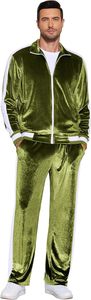 Men's Green Velvet Tracksuit Full <b>Zip</b> <b>Jogger</b> Set Casual Sportswear Regular Fit Polyester Material Solid Color Side <b>Pockets</b> - Product Image 4