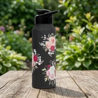 Bouteille d'eau en acier inoxydable avec motif floral, noire, réutilisable, anti-fuite, durable, en métal, pour la maison, le bureau, l'école