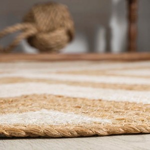 Tapis rond en jute Chevron, blanc naturel, tissage plat, antidérapant, décoration moderne pour salon - Product Image 6