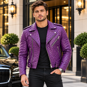 Premium Men’s Purple Ostrich Leather <b>Biker</b> <b>Jacket</b> Embossed Motorcycle Riding <b>Jacket</b> Asymmetrical Zipper Belted Moto <b>Jacket</b> - Product Image 3