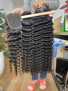 Alta calidad virgen camboyano 100% pelucas de extensión de cierre humano crudo doble dibujado onda recta Natural Remy sin procesar 4x4 bueno - Product Image 3