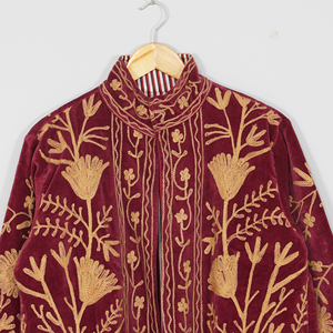 Women Velvet Embroidered <b>Jacket</b> <b>Mandarin</b> <b>Collar</b> Lantern Sleeve Floral Boho Style Autumn Coat Handmade Suzani Pattern - Product Image 3
