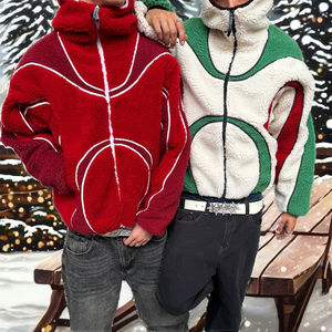 New Arrival Coated Casual <b>Thick</b> <b>Fleece</b> Breathable Zipper-Up Men's Loose Fit Color Block Warm Winter Hooded Sherpa <b>Jacket</b> - Product Image 2