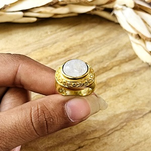 Hot Selling Moonstone <b>Rings</b> Boho Brass Band Jewelry Women 18k Gold Plated Antique Tribal Filigree Statement [Wholesale/OEM/ODM] - Product Image 5