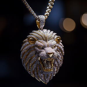 Briva Jewels BP-90 Collier Pendentif Tête de Lion Rugissant Sertie de Zircons Cubiques et Moissanite, Plaqué Or et Argent, Bijou Animalier Hip Hop pour Homme - Product Image 1