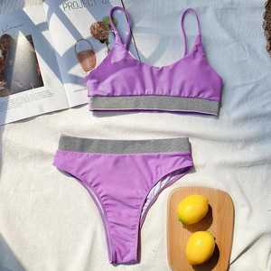 Conjunto de Bikini Morado para Mujer, Top Bandeau, Braguita Tanga, Ribete en Contraste, Secado Rápido, Traje de Baño de Color Sólido, Spandex y Nailon - Product Image 1