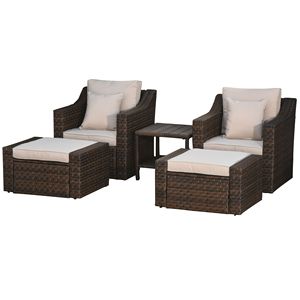 Set di Mobili da Esterno in Rattan PE a 5 Pezzi, Beige, con 2 Poltrone, 2 Pouf e Tavolino da Caffè per Conversazione - Product Image 1
