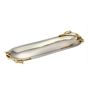 Rectangular Silver Decorative Tray With Gold-Plated Floral Handles Modern Design Single Piece - Product Image 2