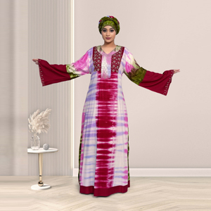 Robe Kaftan en Rayonne Tie-Dye pour Femme avec Broderie Diamantée, Manches Longues, Modeste, Style Islamique, Tenue Maxi Élégante Style Dubaï pour l'Aïd (ODM) - Product Image 3