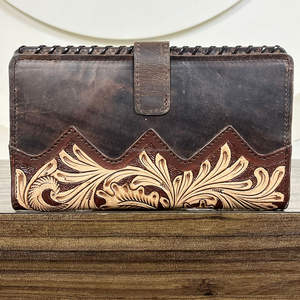 New Arrival Western Genuine Hair On Cowhide Long <b>Wallets</b> with Hand Tooled Leather Floral Design Handmade Leather <b>Women's</b> <b>Wallet</b> - Product Image 5