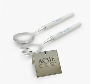 Glossy Silver Stainless Steel Salad Server Straigh Ceramic Handles Perfect With Blue Floral For Household Events And <b>Gift</b> <b>Hamper</b> - Product Image 1