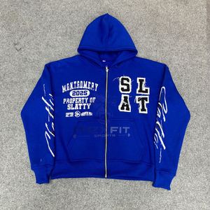 Wholesale Price Custom Label Trending Zipper Distressed Hoodie <b>Rhinestone</b> Zip up <b>Jacket</b> Acid Wash Men Fleece Streetwear Hoodie - Product Image 1