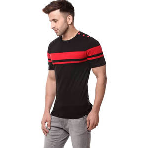 Mens Black Coral <b>Red</b> Chest <b>Striped</b> Shoulder Button Crew Neck Short Sleeve Cotton Casual Summer Fashion <b>Top</b> Custom Logo OEM ODM - Product Image 3