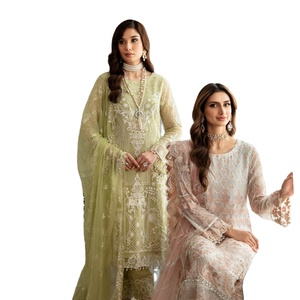 Robe de travail brodée indienne et pakistanaise pour femmes trois pièces Saari Salwar Kameez Party Wear en vente pour l'Aïd - Product Image 1