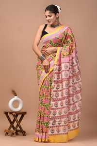 Sari en soie Chanderi pure imprimé à la main avec pièce de blouse – Sari élégant en soie Chanderi pure – Vêtement ethnique imprimé à la main - Product Image 2