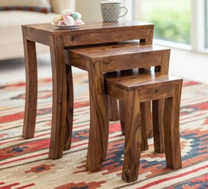 Handcrafted Indian Solid wood 3-Piece End <b>Table</b> Set | <b>Space</b> <b>Saving</b> Stackable Wooden Stools | Pindel Handicraft Export - Product Image 1