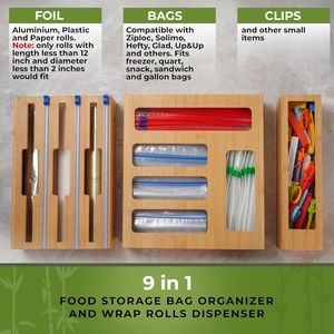 9-Sandwich Storage Bag Organizer <b>Kitchen</b> Drawer Organizer with Foil <b>Wrap</b> Dispenser for Gallon Quart Snack Plastic Bag Fits 1 - Product Image 3
