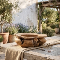 Teakhouten ecologisch verantwoorde premium handgemaakte minimalistische Balinese luxe bruiloftsoepbord decoratieve schaal natuurlijke erosie ovaal