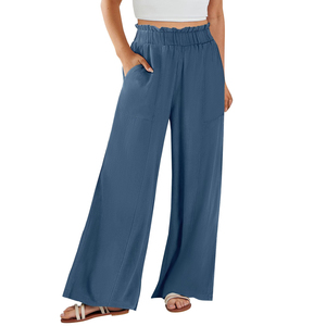 Pantalones Anchos de Pierna Ancha para Mujer, Cintura Elástica, 100% Algodón, Ajuste Cómodo, OEM ODM, Proveedor Mayorista de Alta Calidad Personalizado - Product Image 2