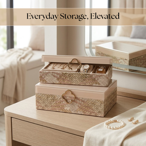 Luxury Beige Woven Glass Storage Box Set with Gold Floral Handle | Premium Decorative Jewelry Vanity Organizer for Home Decor - Product Image 3